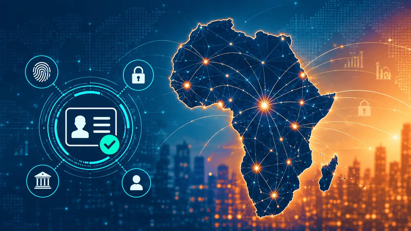 Map of Africa illuminated with a digital network of connected nodes, alongside icons for fingerprint, ID verification, security and banking, representing digital identity and KYC across African financial systems.